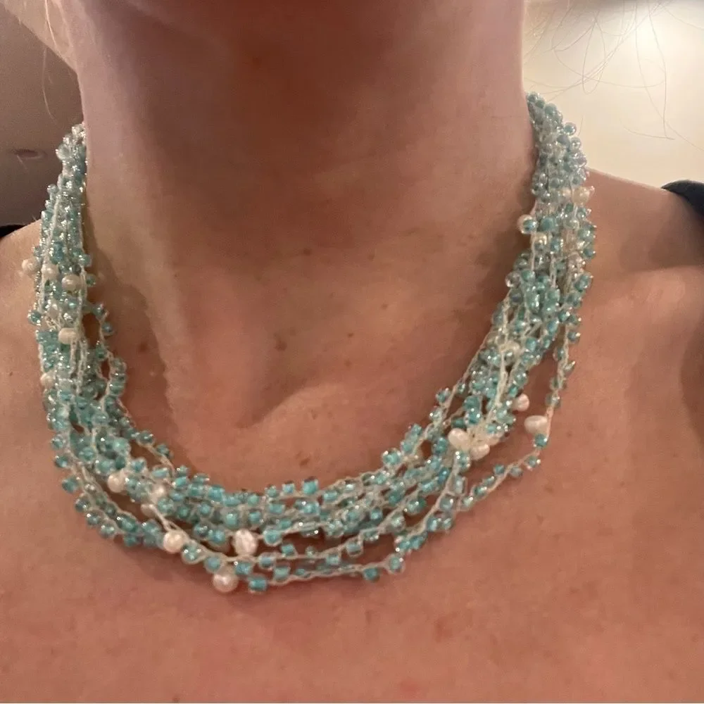 Vintage‎ Aqua Glass & Pearl Multi-Strand Necklace Boho Beachy Layered